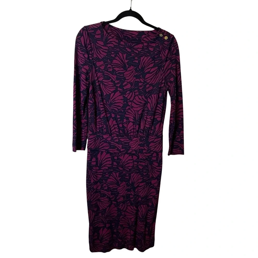 Tory Burch Etta Blouson Dress Berry Navy Floral Print Gold Logo Buttons Sz Small